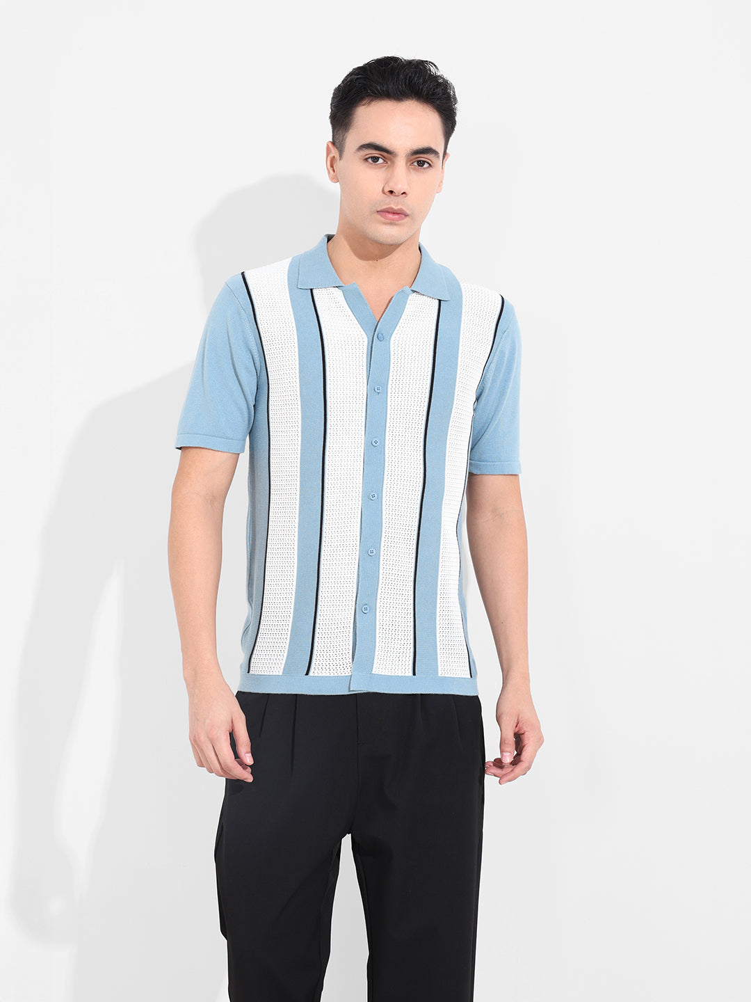Men's Blue Slim Fit Textured Flat Knit Shirt