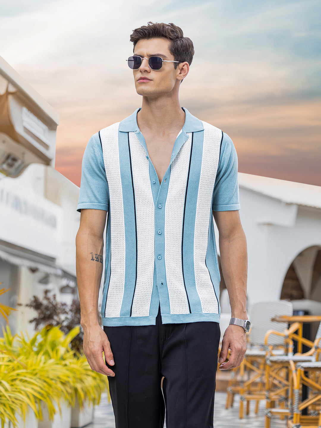 Men's Blue Slim Fit Textured Flat Knit Shirt