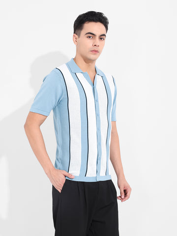 Men's Blue Slim Fit Textured Flat Knit Shirt