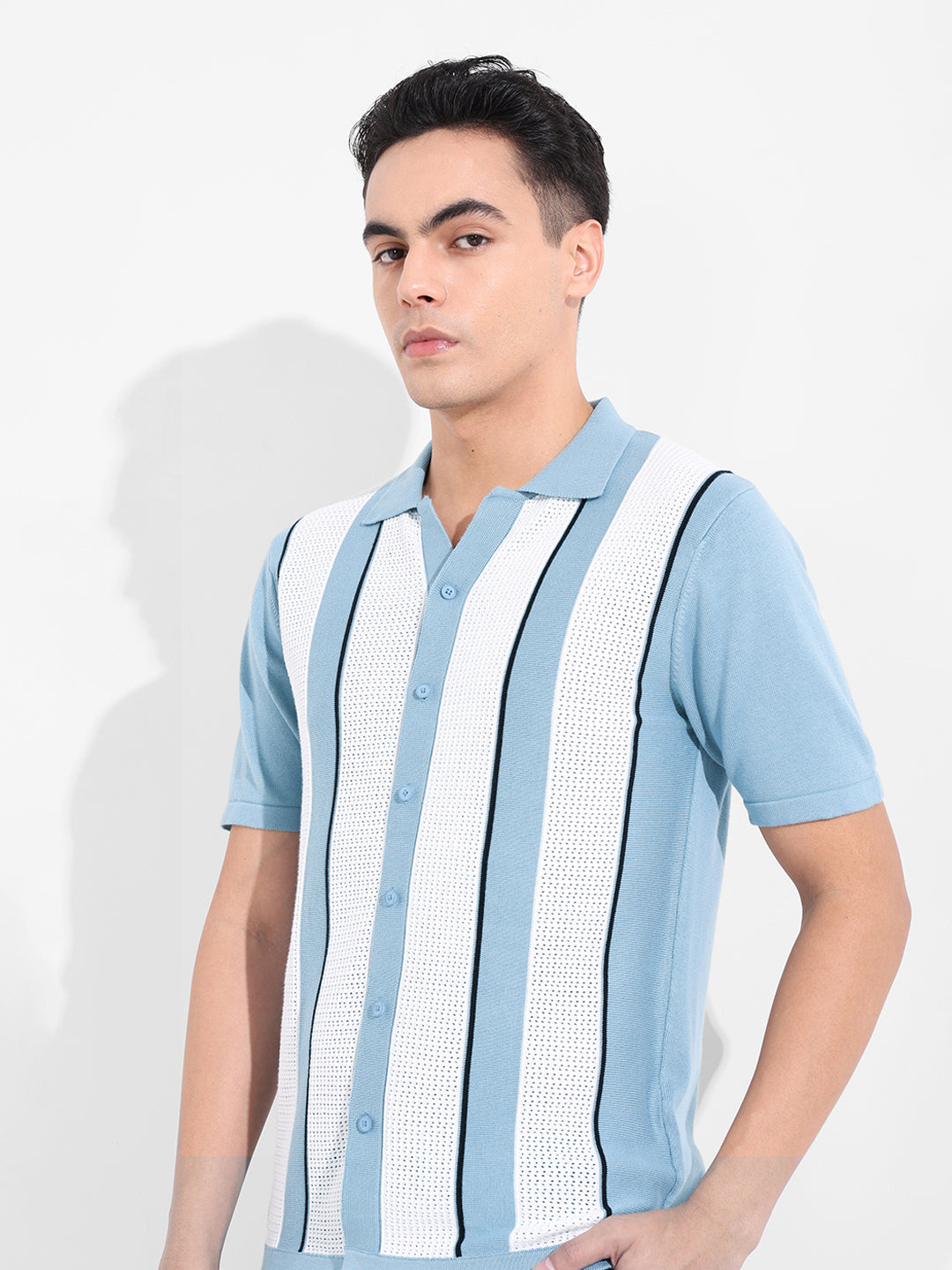 Men's Blue Slim Fit Textured Flat Knit Shirt