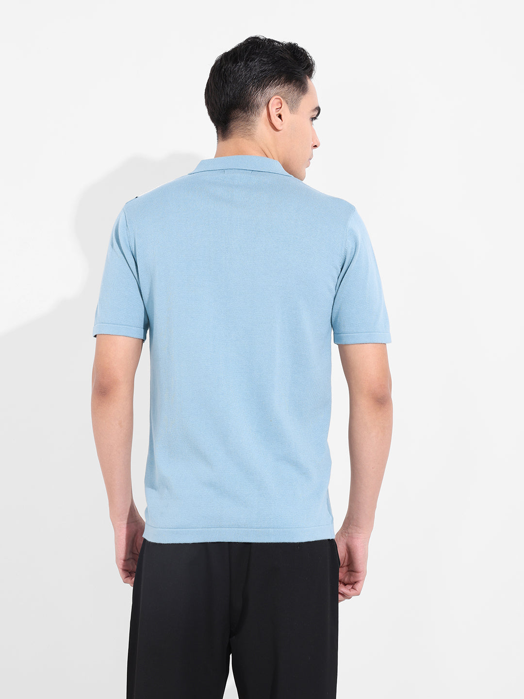 Men's Blue Slim Fit Textured Flat Knit Shirt