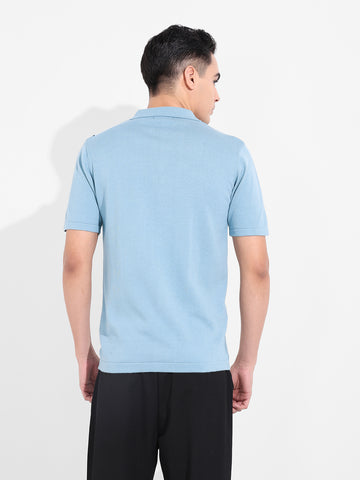 Men's Blue Slim Fit Textured Flat Knit Shirt