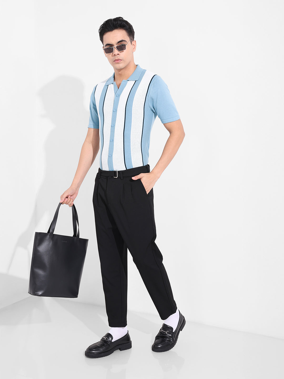 Men's Blue Slim Fit Textured Flat Knit Shirt