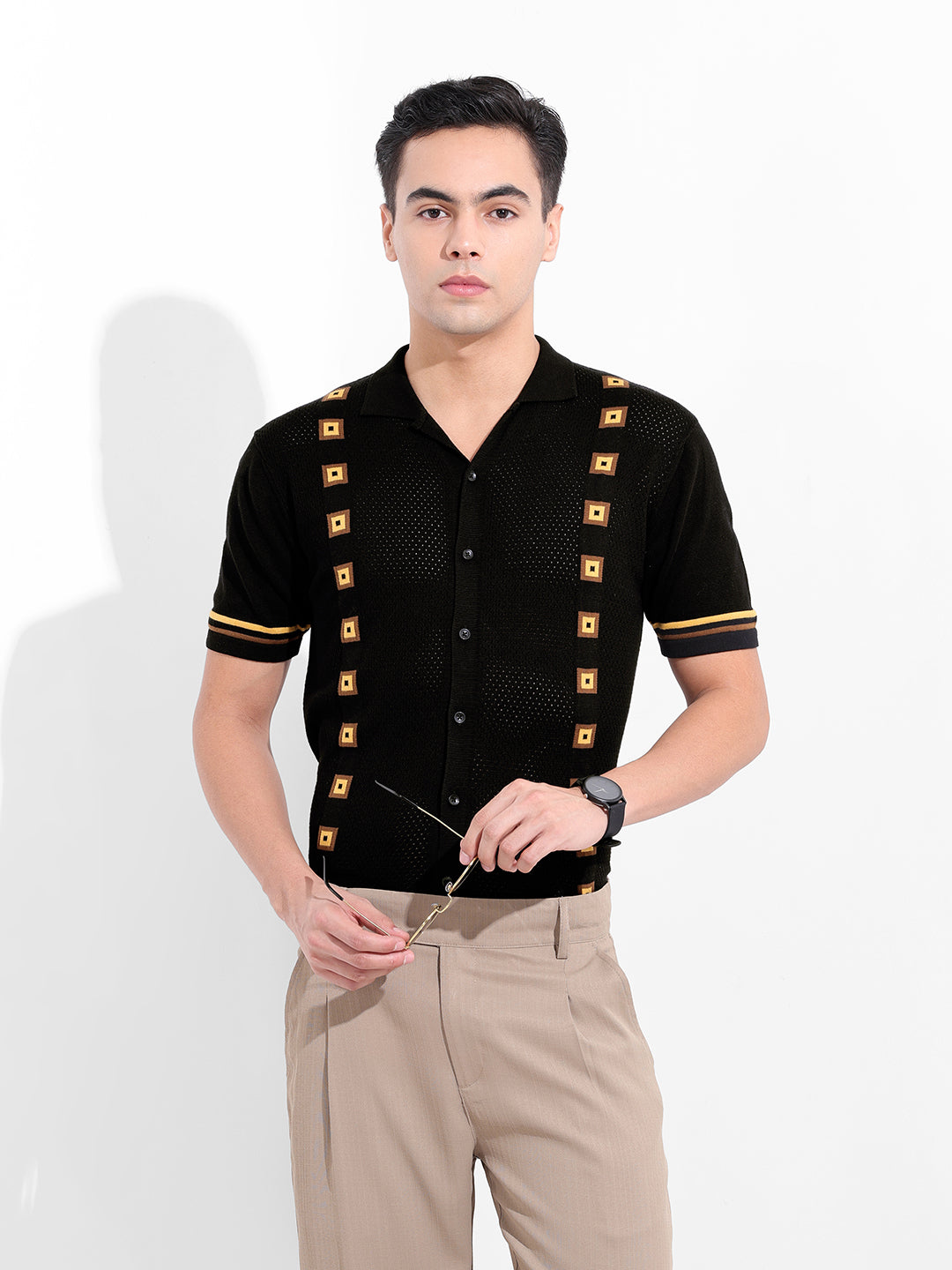 Men's Black Slim Fit Textured Flat Knit Shirt