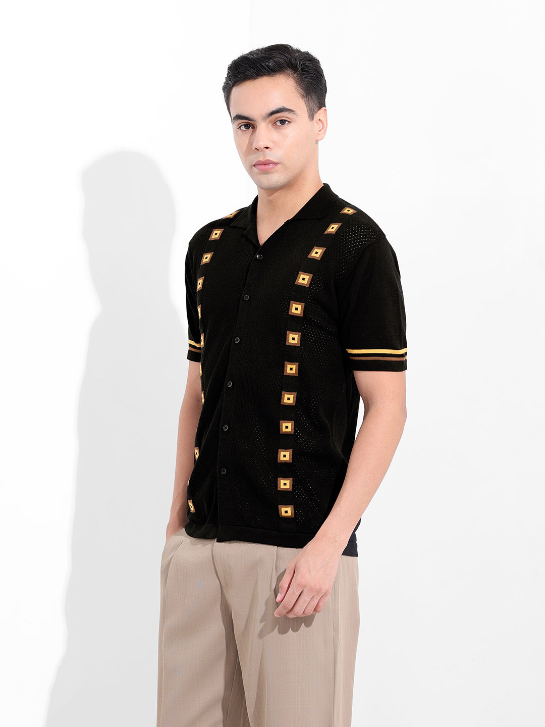 Men's Black Slim Fit Textured Flat Knit Shirt