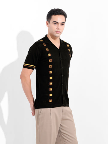 Men's Black Slim Fit Textured Flat Knit Shirt