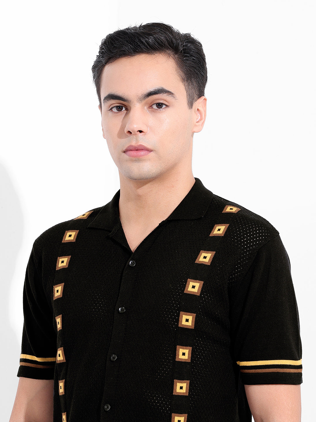 Men's Black Slim Fit Textured Flat Knit Shirt