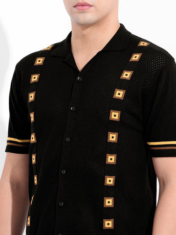 Men's Black Slim Fit Textured Flat Knit Shirt