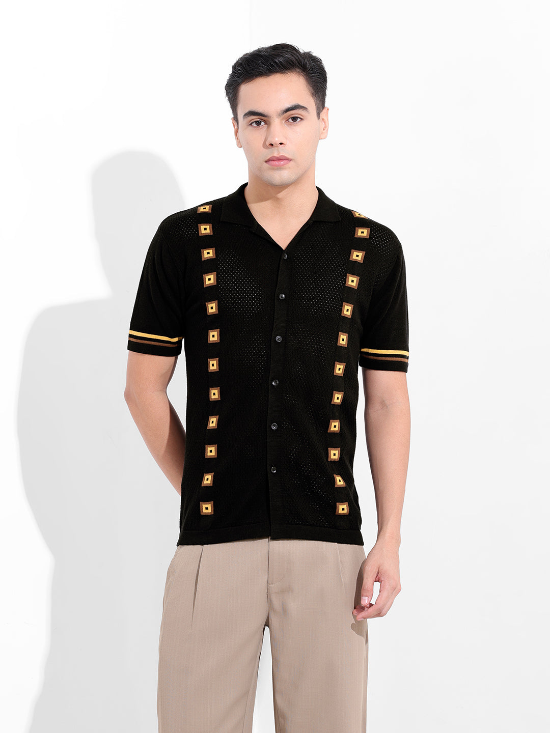 Men's Black Slim Fit Textured Flat Knit Shirt