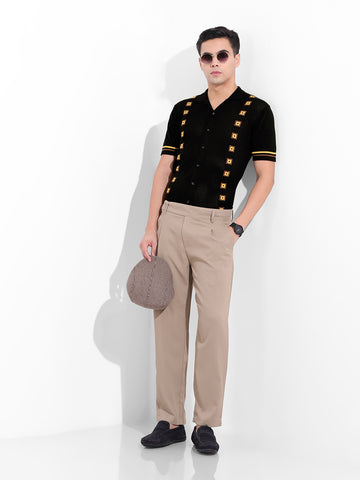 Men's Black Slim Fit Textured Flat Knit Shirt