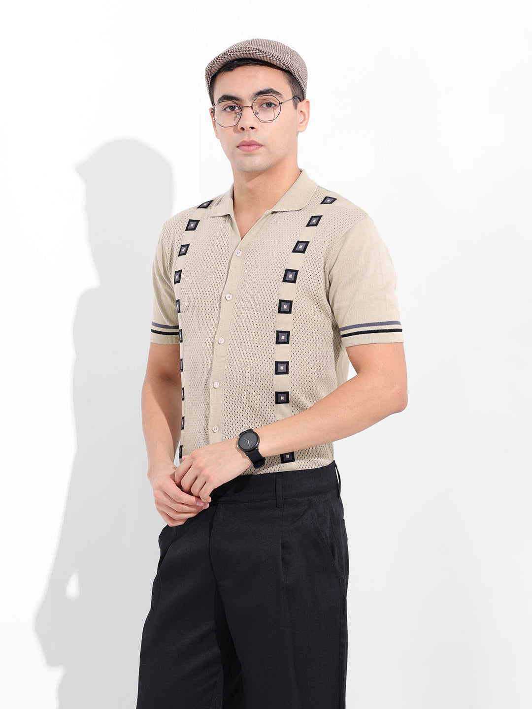 Men's Cream Slim Fit Textured Flat Knit Shirt