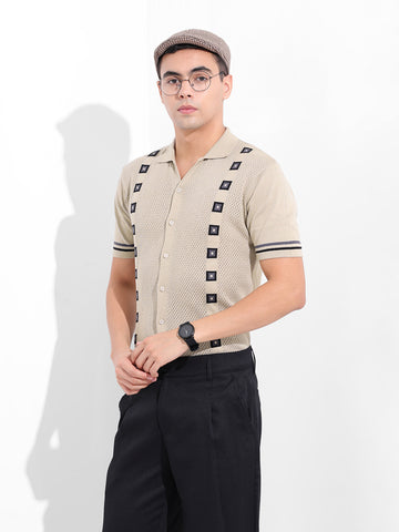 Men's Cream Slim Fit Textured Flat Knit Shirt