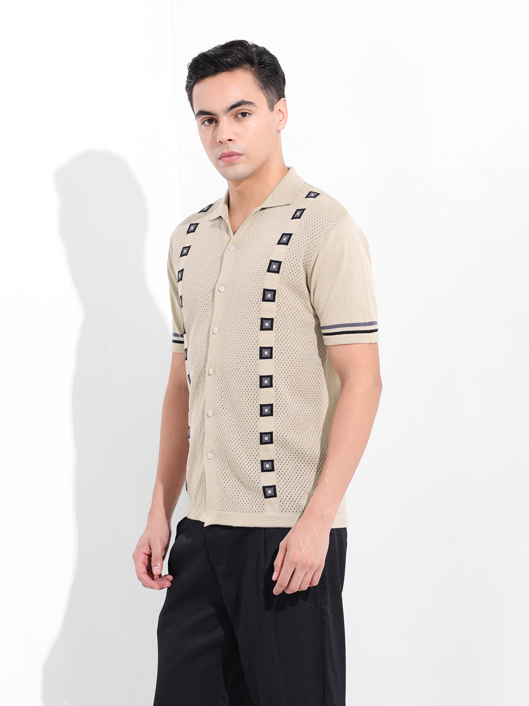 Men's Cream Slim Fit Textured Flat Knit Shirt