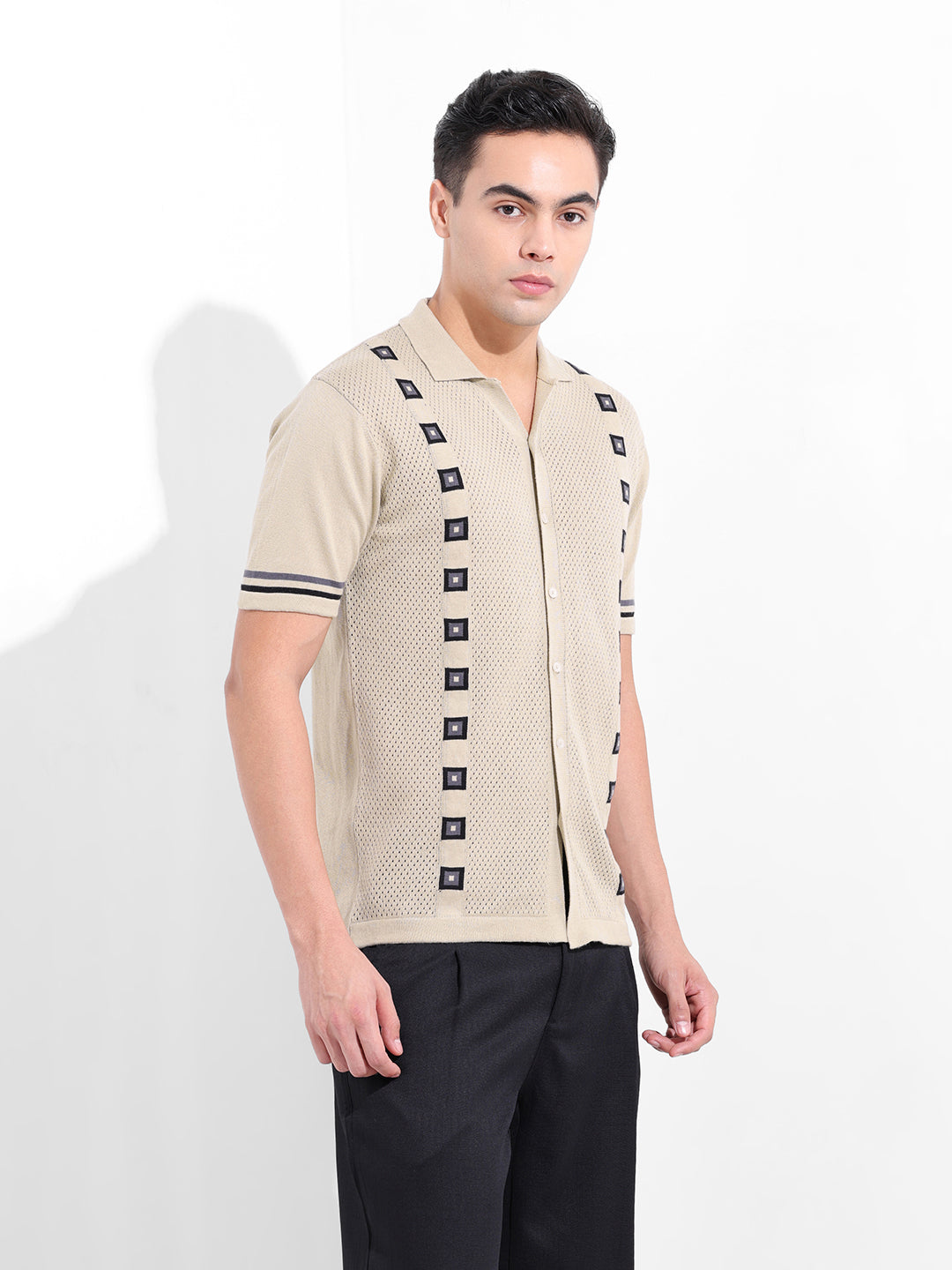 Men's Cream Slim Fit Textured Flat Knit Shirt