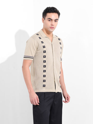 Men's Cream Slim Fit Textured Flat Knit Shirt