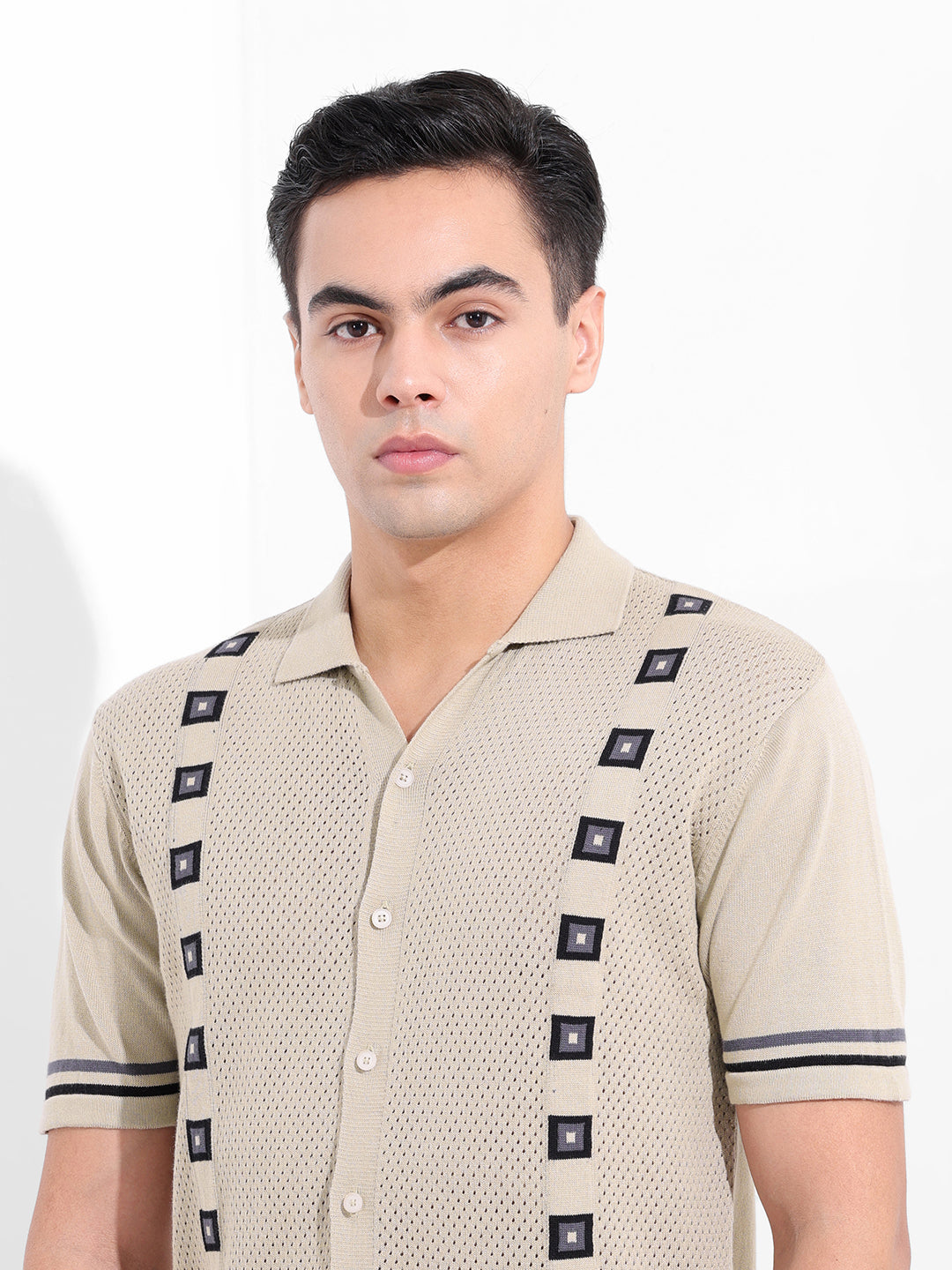 Men's Cream Slim Fit Textured Flat Knit Shirt