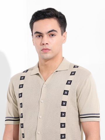 Men's Cream Slim Fit Textured Flat Knit Shirt