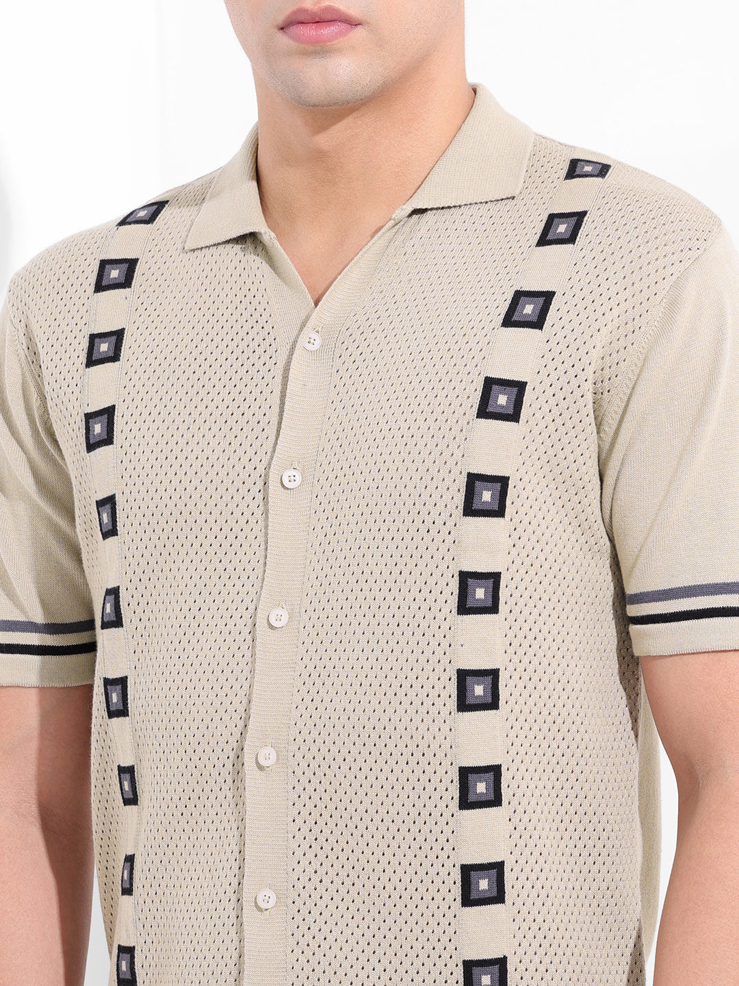 Men's Cream Slim Fit Textured Flat Knit Shirt