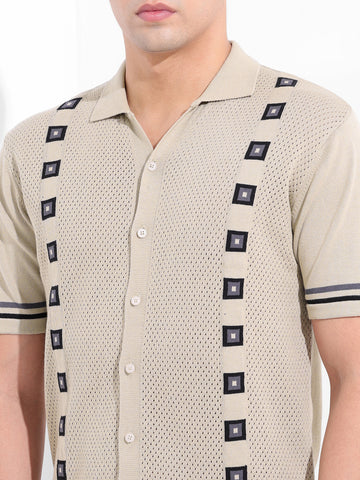 Men's Cream Slim Fit Textured Flat Knit Shirt