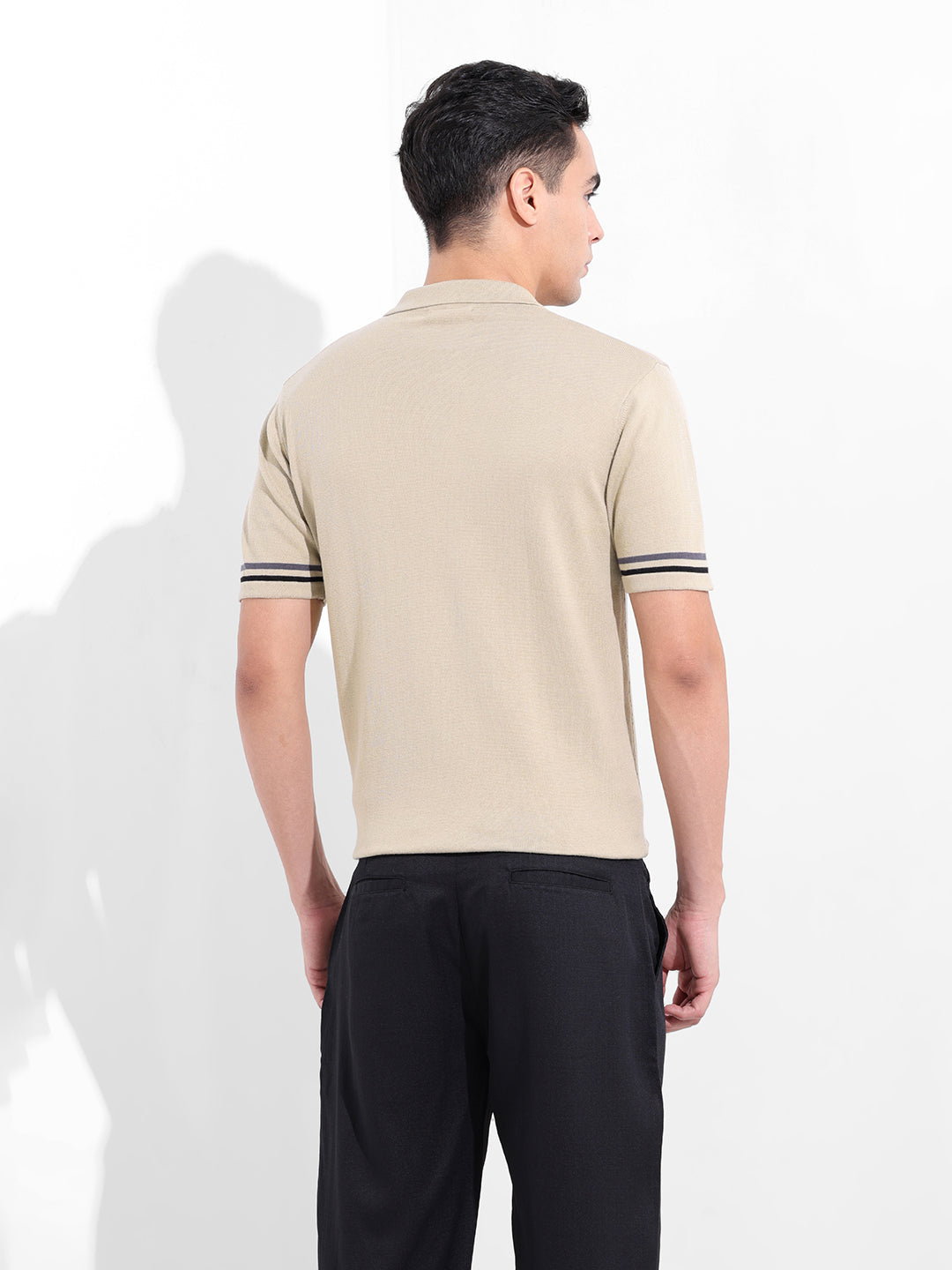 Men's Cream Slim Fit Textured Flat Knit Shirt