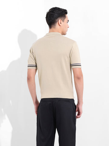 Men's Cream Slim Fit Textured Flat Knit Shirt