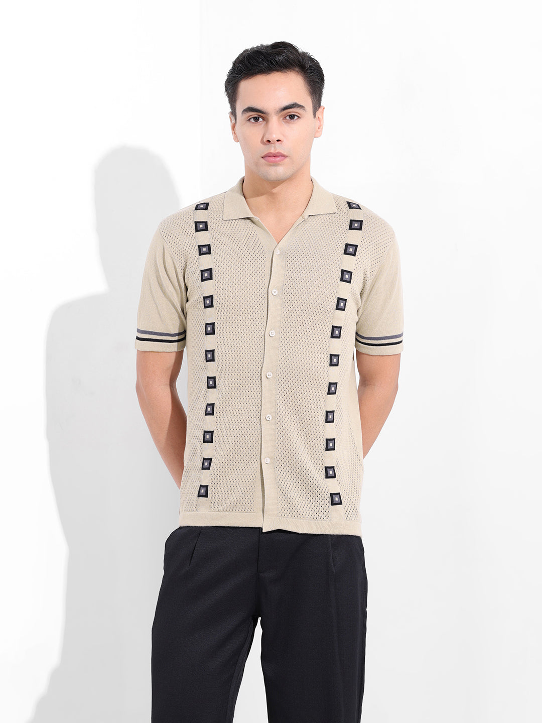 Men's Cream Slim Fit Textured Flat Knit Shirt