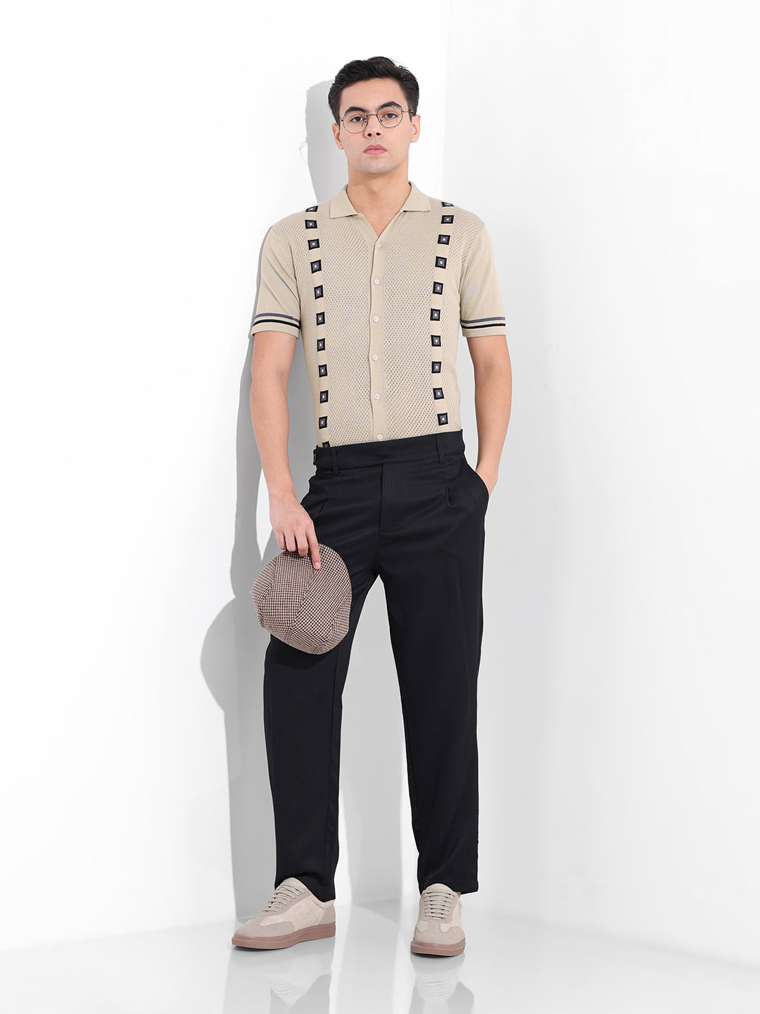Men's Cream Slim Fit Textured Flat Knit Shirt