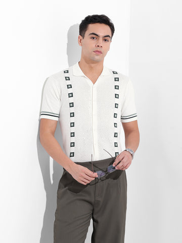 Men's White Slim Fit Textured Flat Knit Shirt