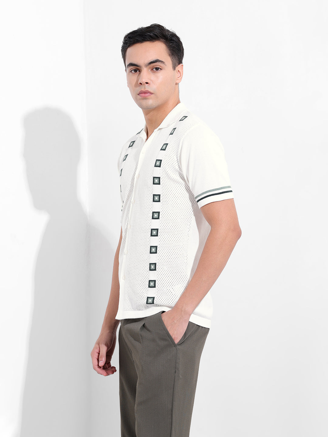 Men's White Slim Fit Textured Flat Knit Shirt
