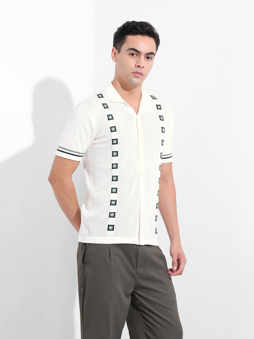 Men's White Slim Fit Textured Flat Knit Shirt