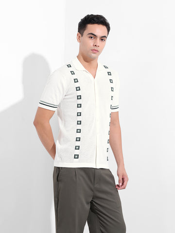 Men's White Slim Fit Textured Flat Knit Shirt