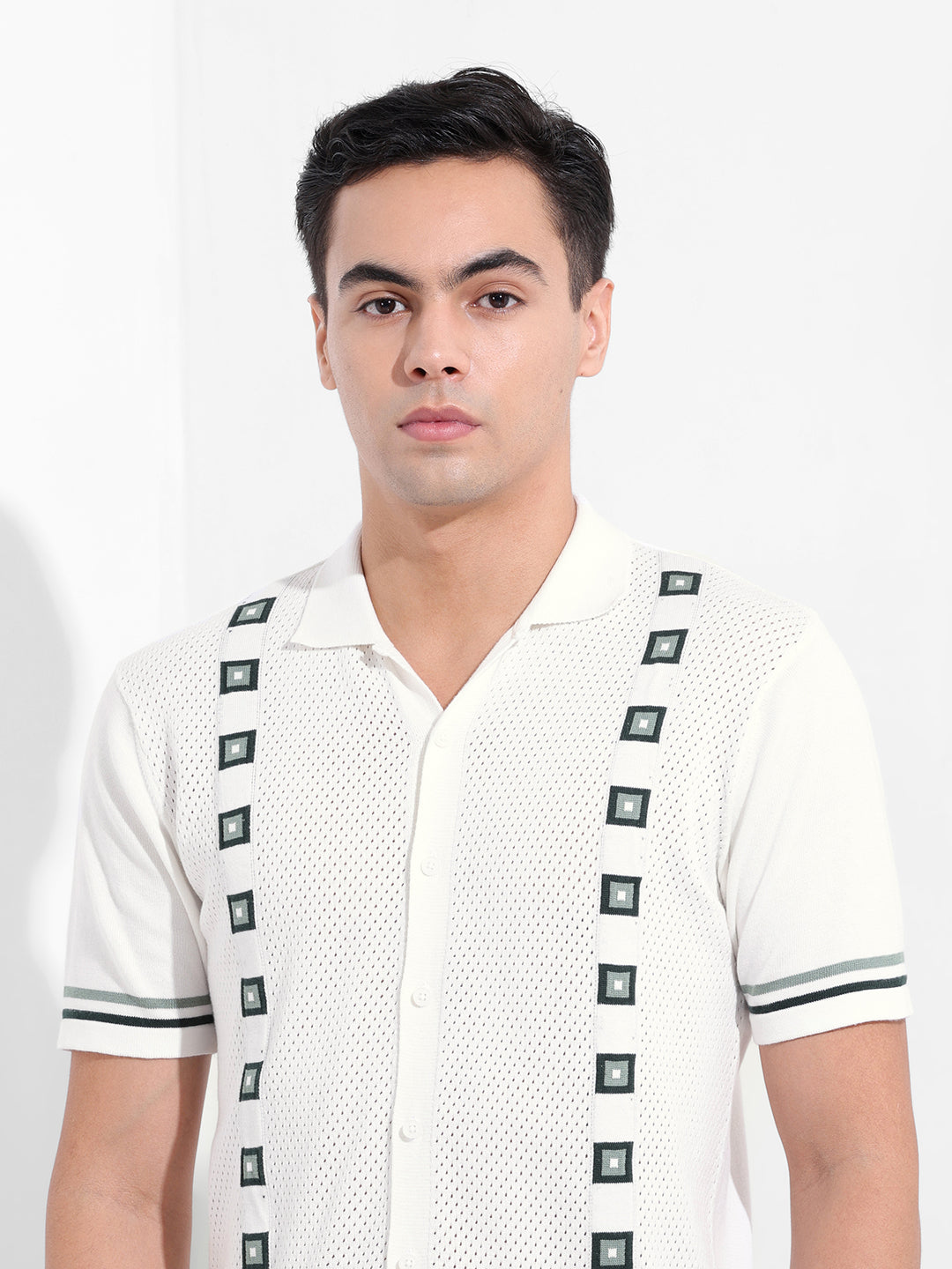 Men's White Slim Fit Textured Flat Knit Shirt