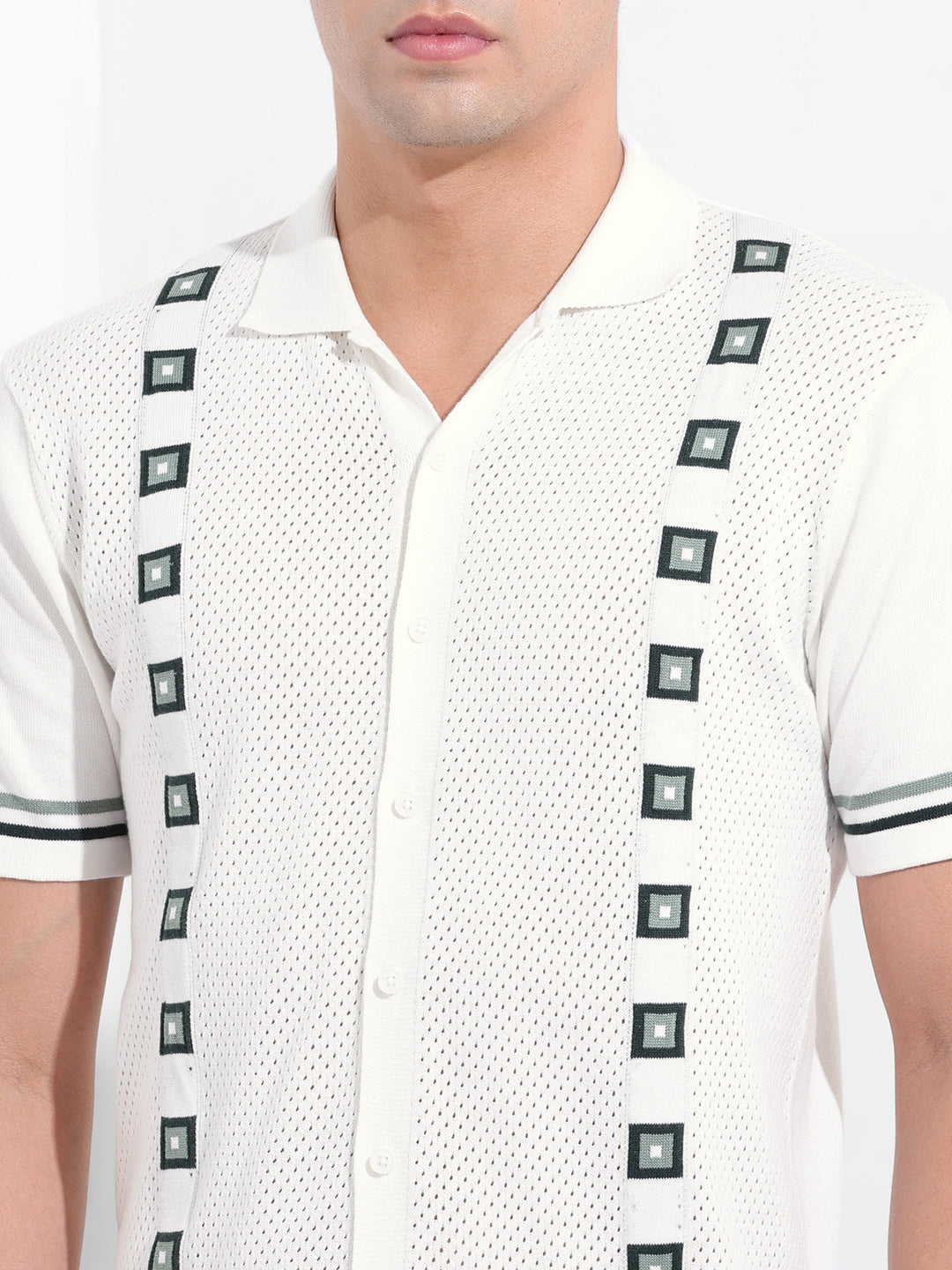 Men's White Slim Fit Textured Flat Knit Shirt