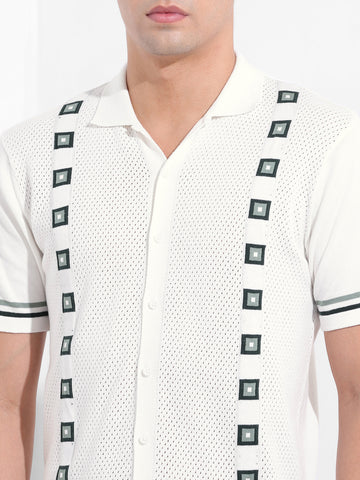 Men's White Slim Fit Textured Flat Knit Shirt