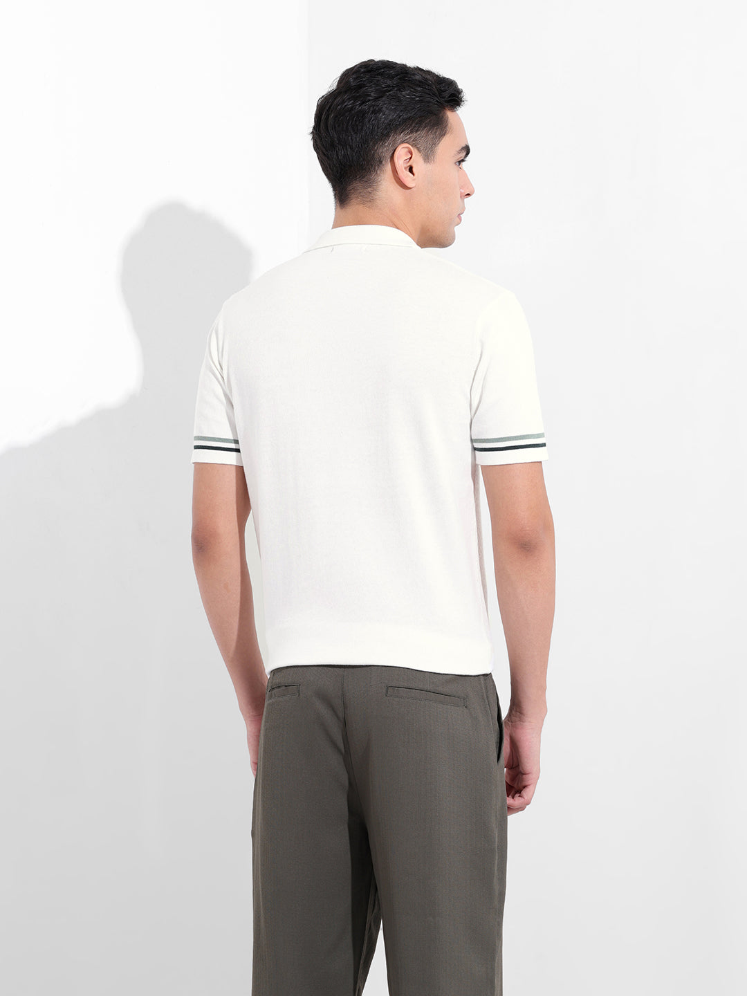 Men's White Slim Fit Textured Flat Knit Shirt