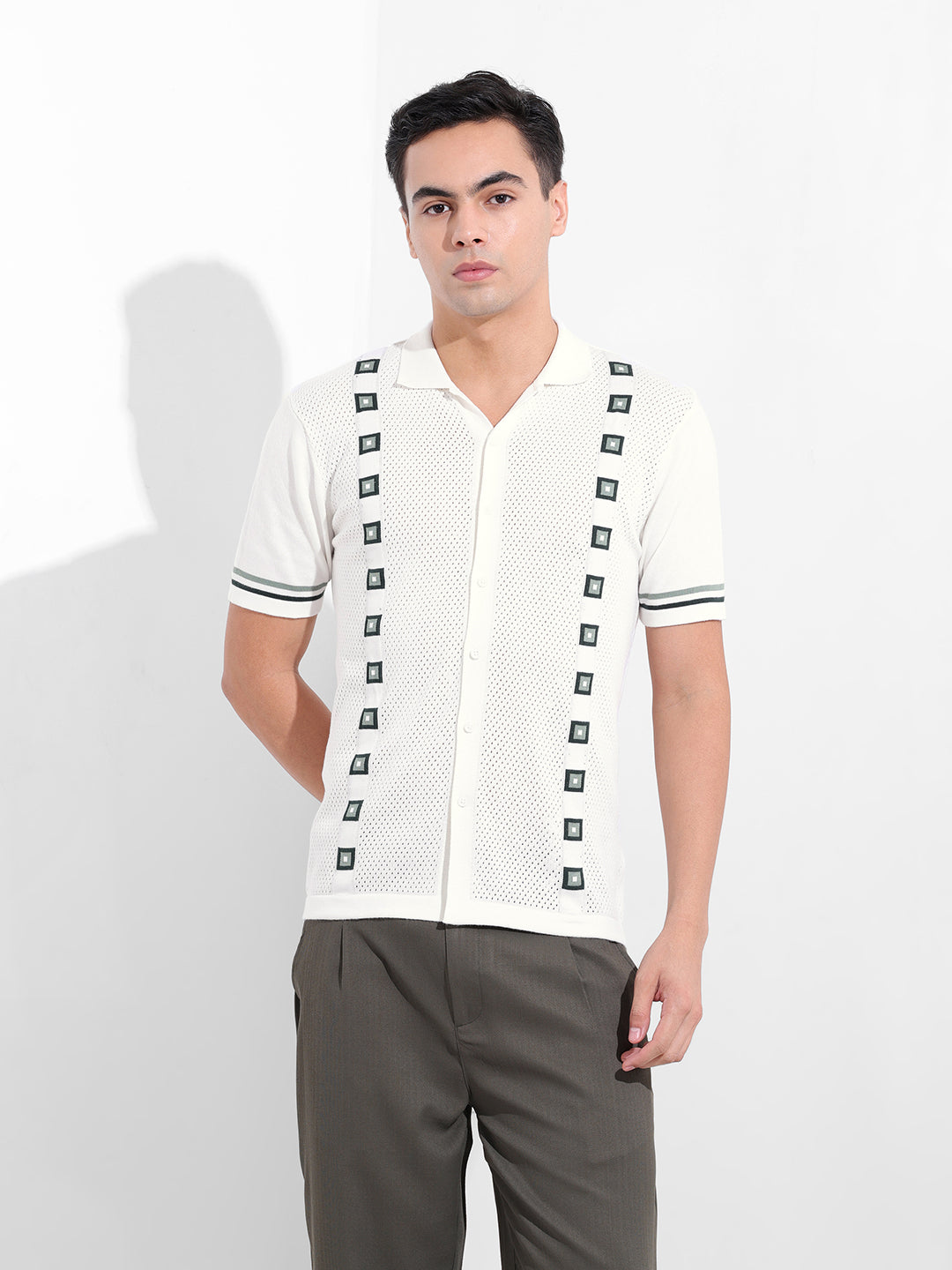 Men's White Slim Fit Textured Flat Knit Shirt