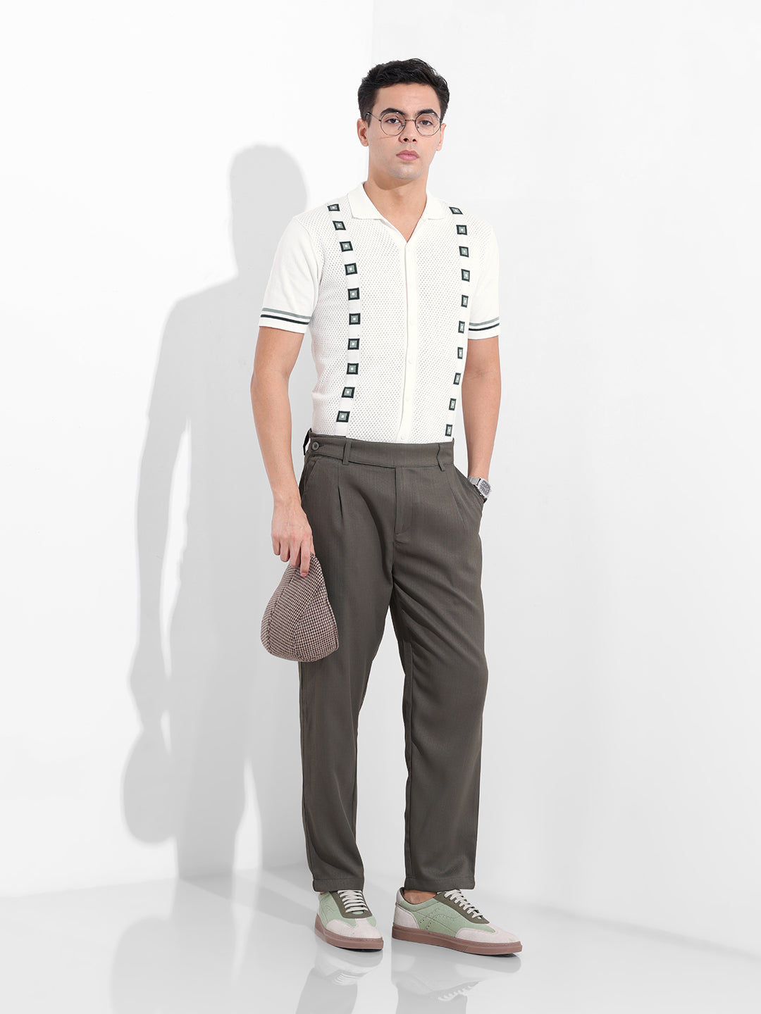 Men's White Slim Fit Textured Flat Knit Shirt
