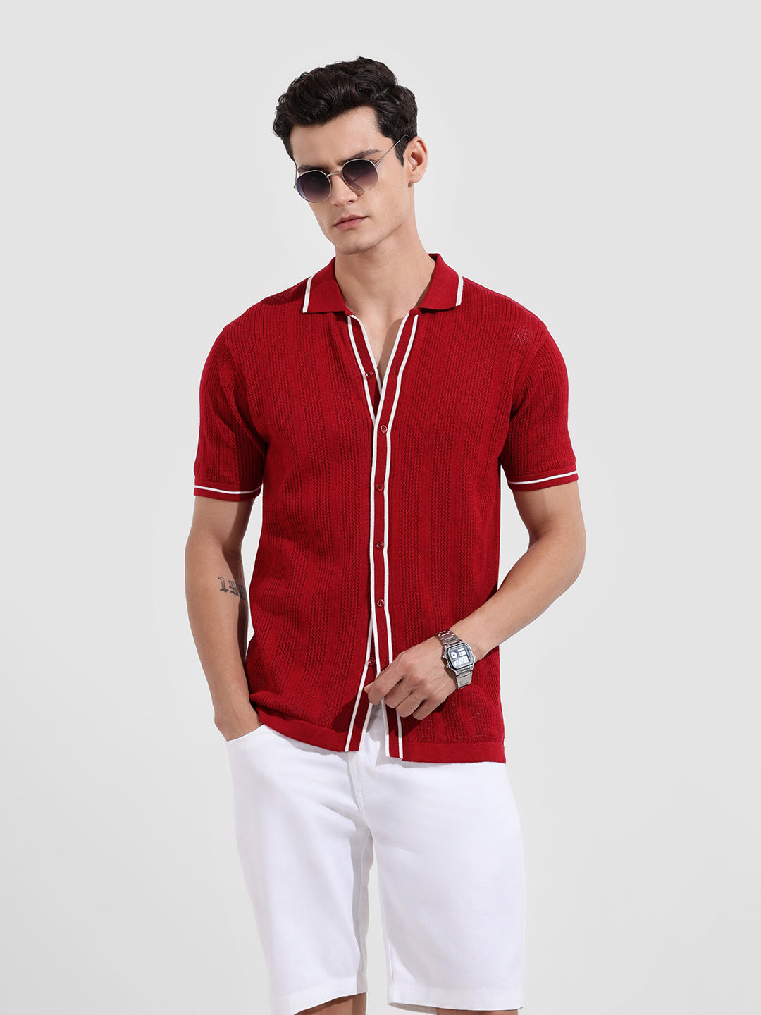 Men's Maroon Slim Fit Flat Knit Textured Shirt