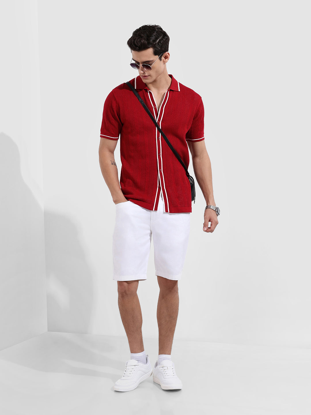 Men's Maroon Slim Fit Flat Knit Textured Shirt