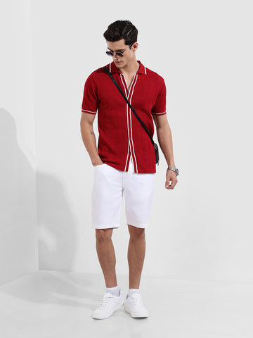 Men's Maroon Slim Fit Flat Knit Textured Shirt