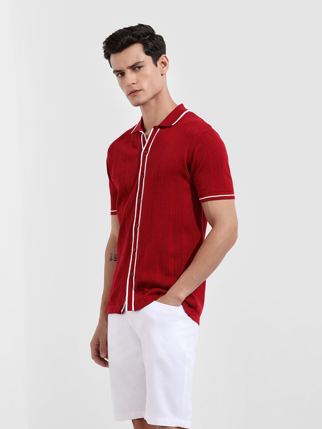 Men's Maroon Slim Fit Flat Knit Textured Shirt