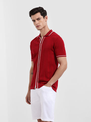 Men's Maroon Slim Fit Flat Knit Textured Shirt