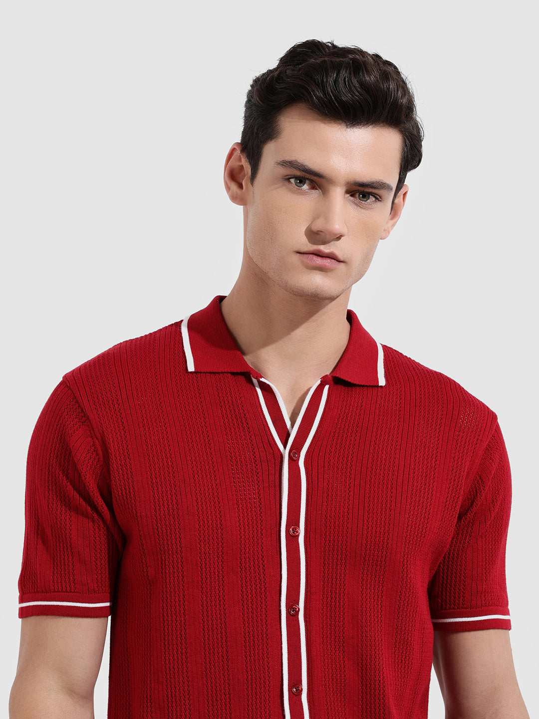 Men's Maroon Slim Fit Flat Knit Textured Shirt