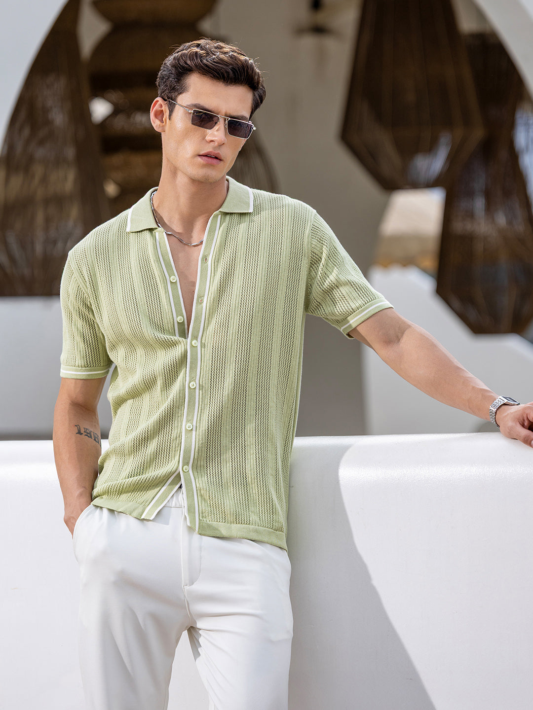 Men's Green Slim Fit Flat Knit Textured Shirt
