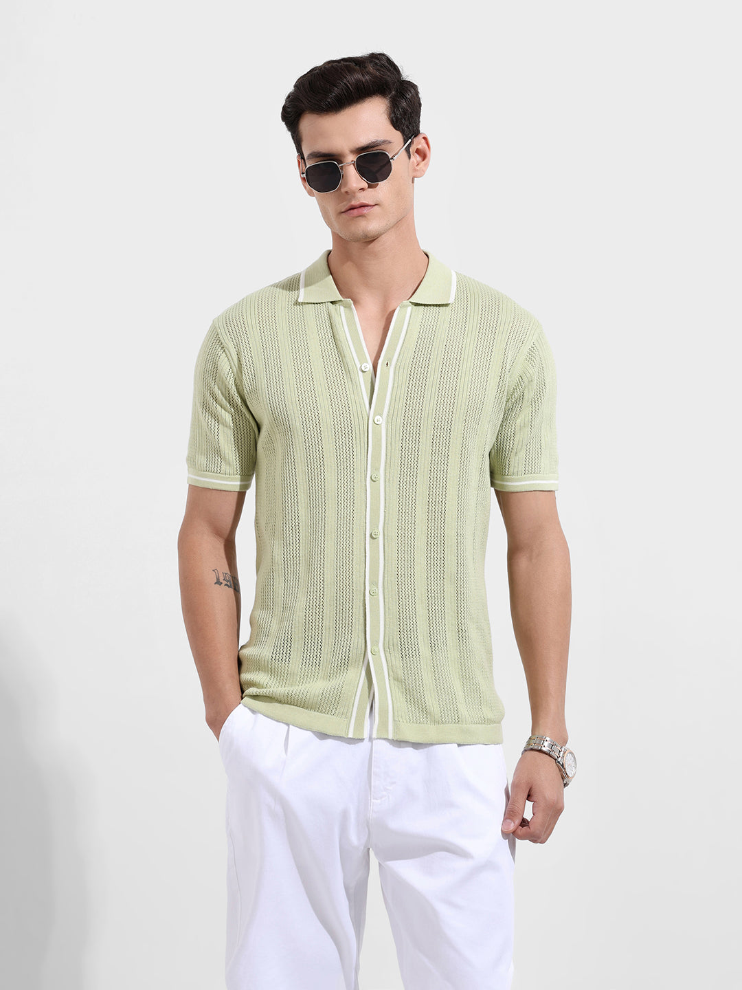 Men's Green Slim Fit Flat Knit Textured Shirt
