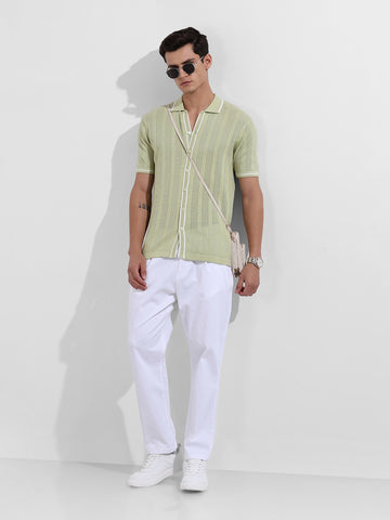 Men's Green Slim Fit Flat Knit Textured Shirt