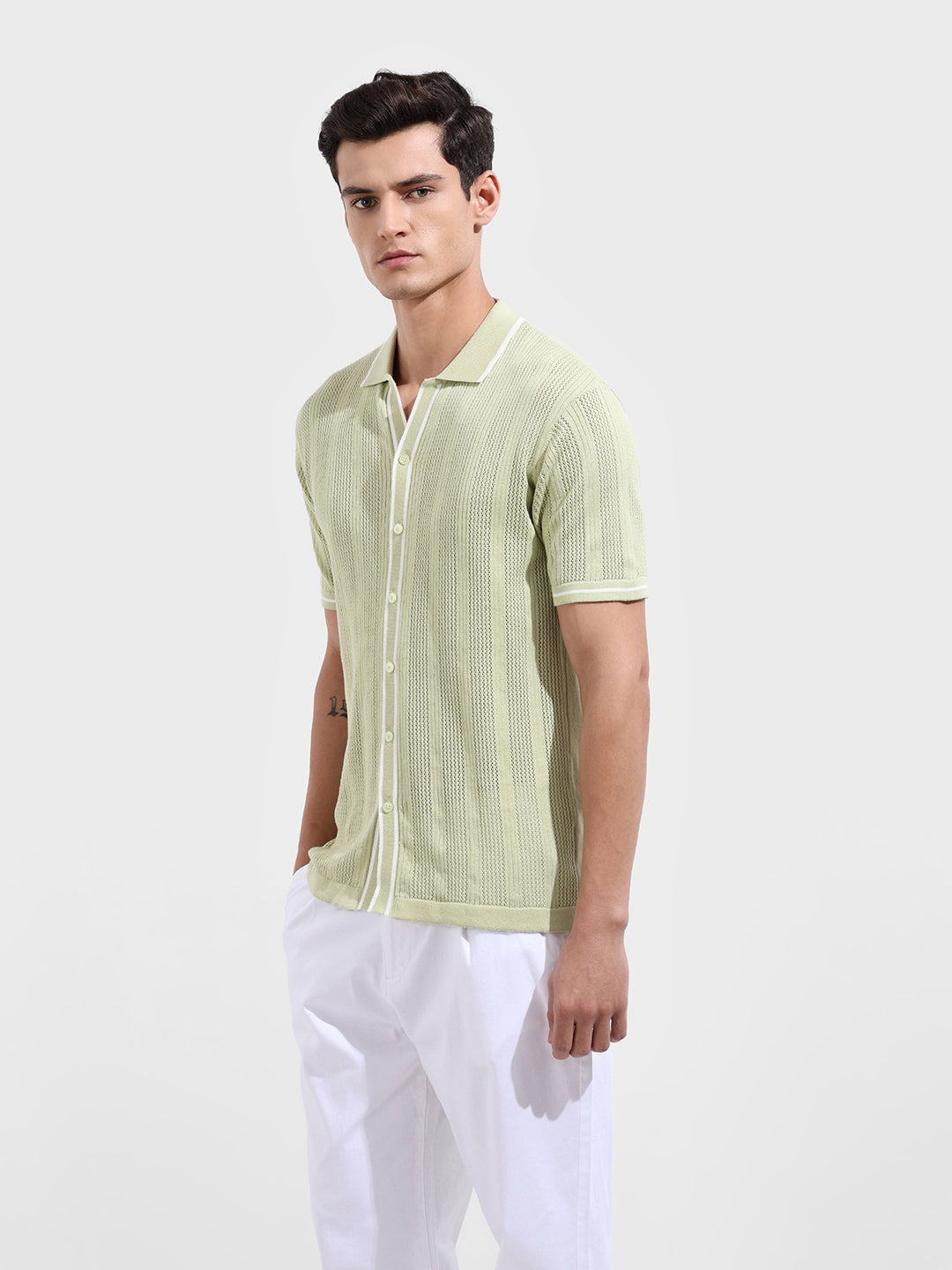 Men's Green Slim Fit Flat Knit Textured Shirt