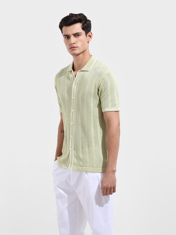 Men's Green Slim Fit Flat Knit Textured Shirt