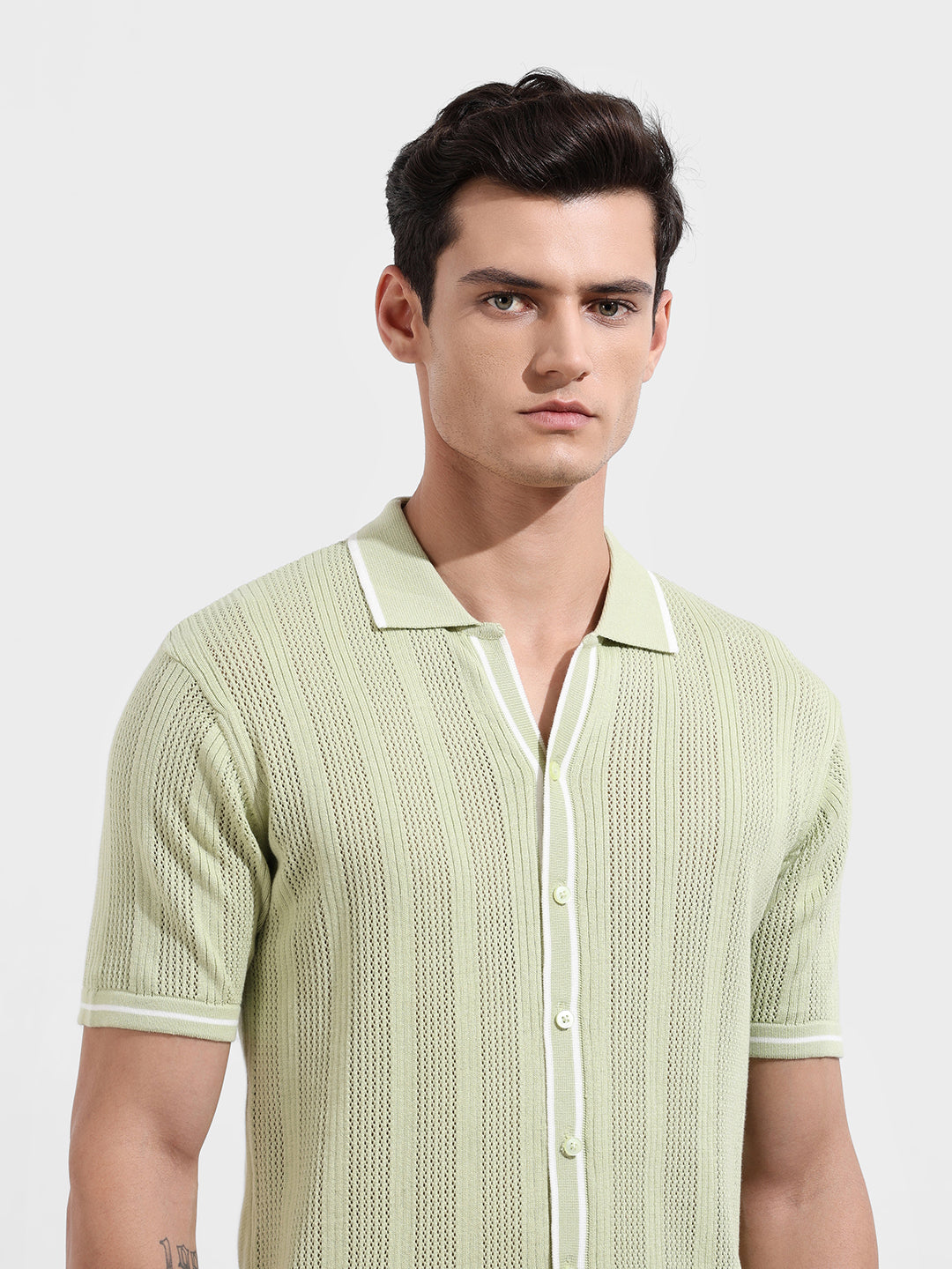 Men's Green Slim Fit Flat Knit Textured Shirt
