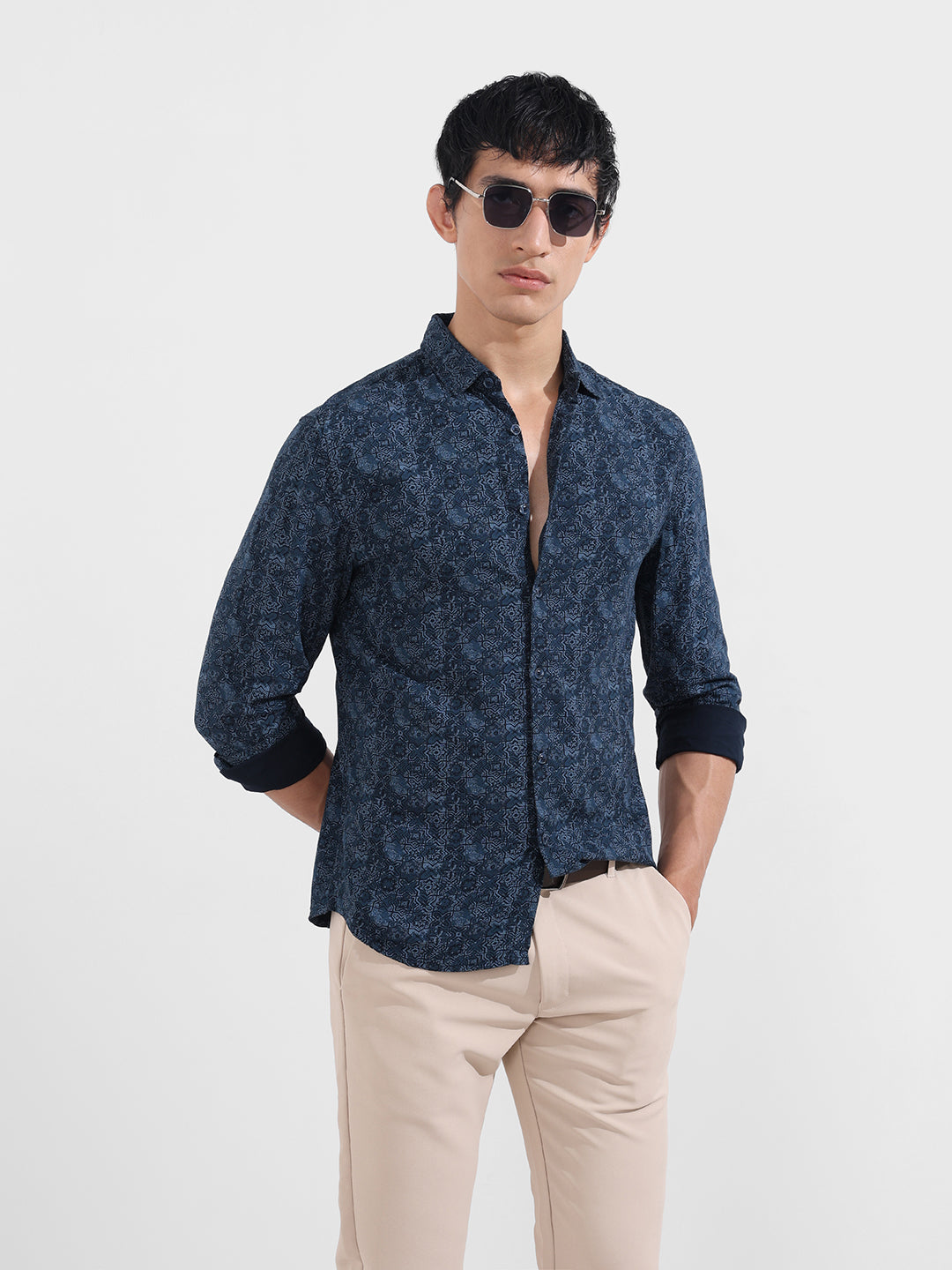 Men's Blue Regular Fit Printed Print Shirt